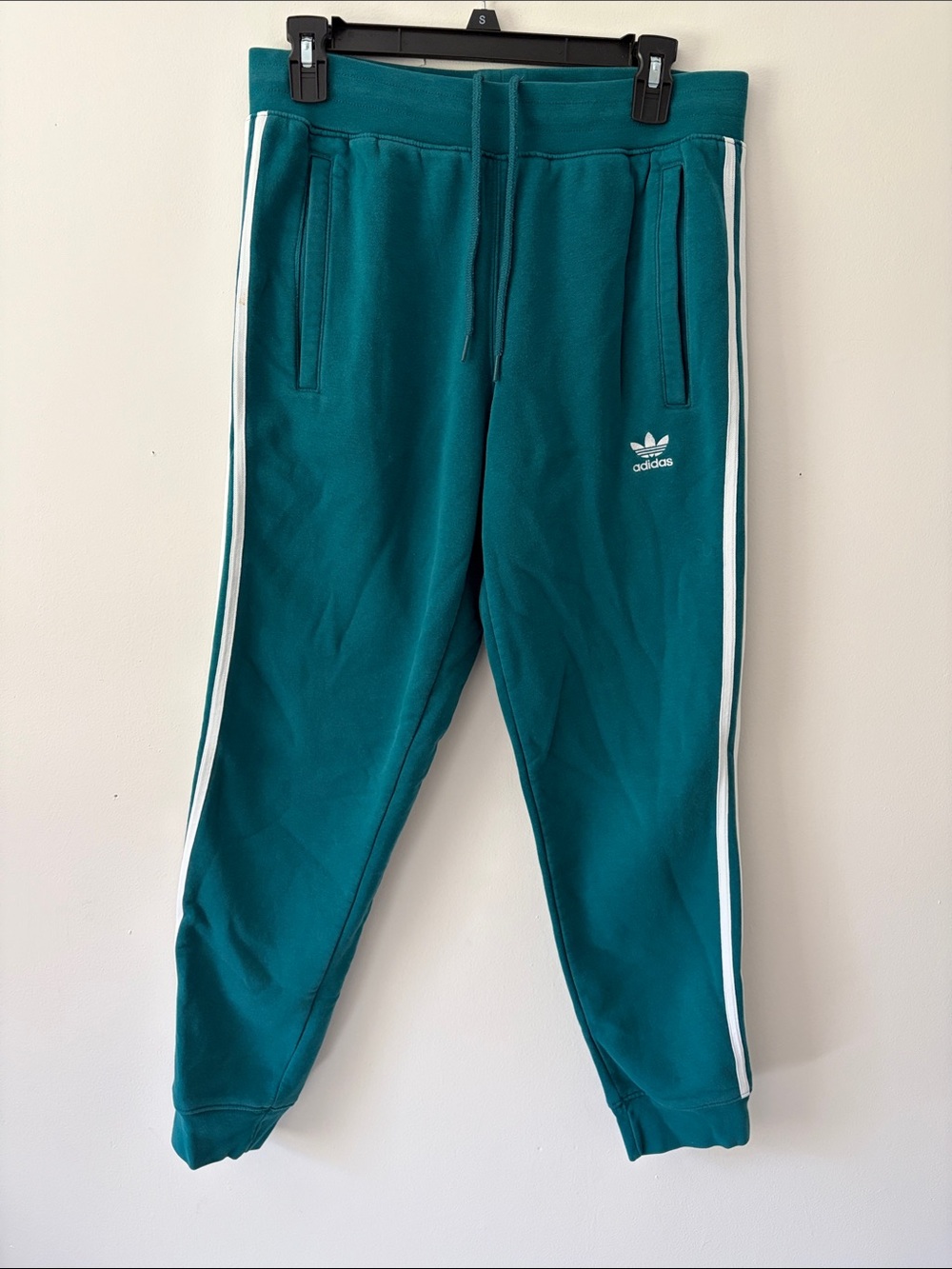Adidas Mens Teal Joggers with White Side Stripes - Size Medium